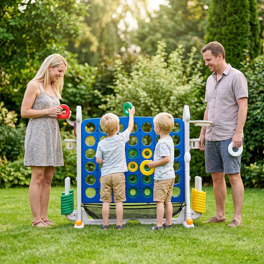 4-in-1 adjustable height connect game with blue panel and discs, family playing outdoors on Tampa Home & Garden Store