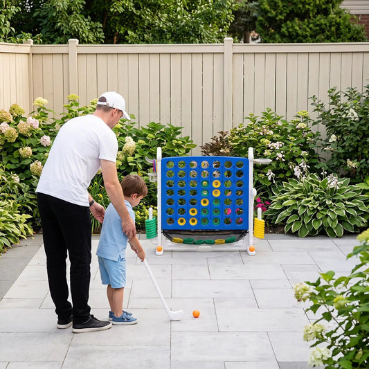 4-in-1 Adjustable Height Connect Game blue grid with yellow discs DirectDeals lawn game carry bag on Tampa Home & Garden Store