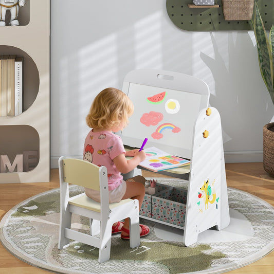 4-in-1 Kids Table and Chair Set Art Easel with Magnetic Whiteboard and Bookshelf-Natural - Tampa Home & Garden Store