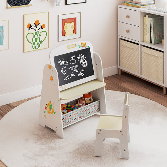4-in-1 Kids Table and Chair Set Art Easel with Magnetic Whiteboard and Bookshelf-Natural - Tampa Home & Garden Store