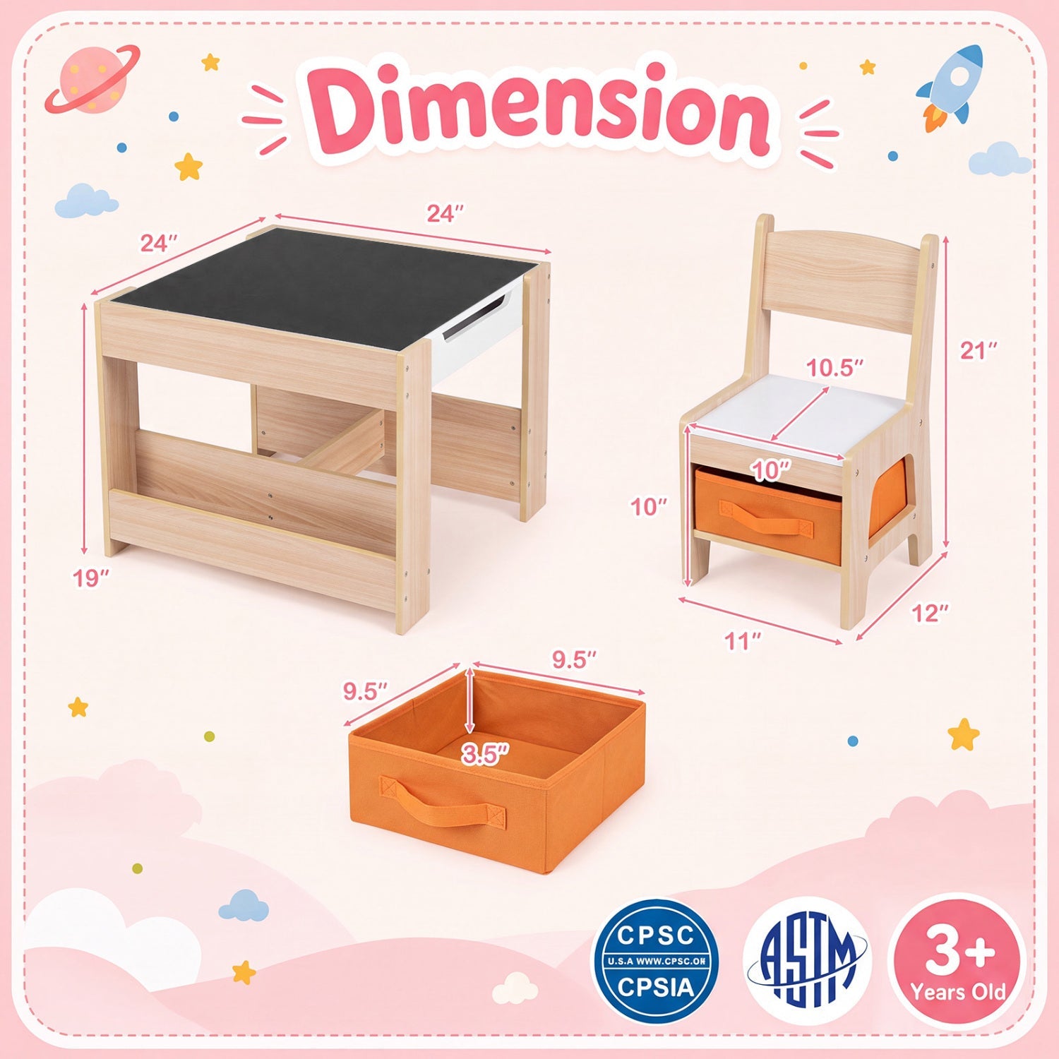 DirectDeals Kids Table & Chair Set with Blocks & Storage, black top, natural wood frame on Tampa Home & Garden Store