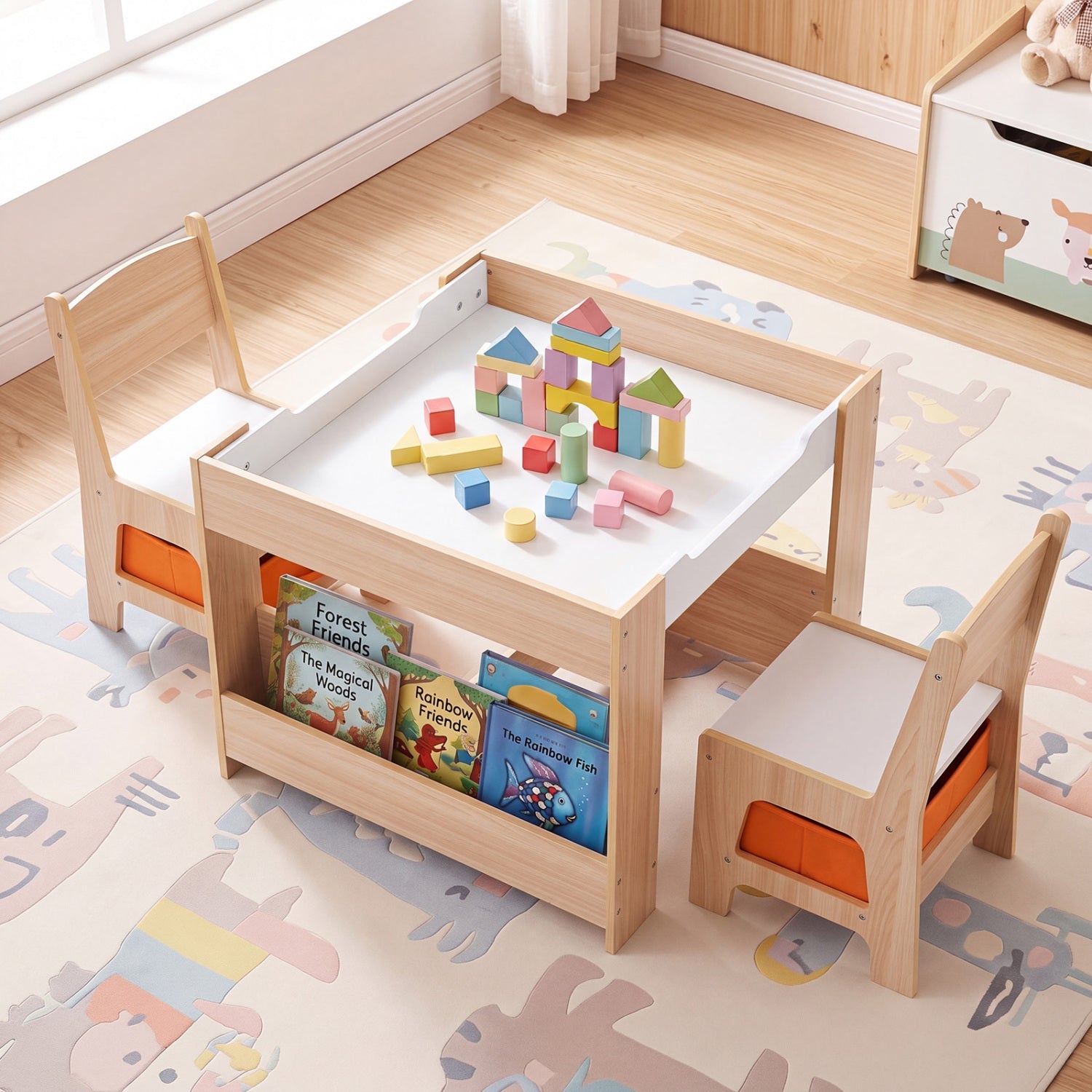 Kids Table & Chair Set (2 chairs) with Building Blocks by DirectDeals in wood with orange bins on Tampa Home & Garden Store