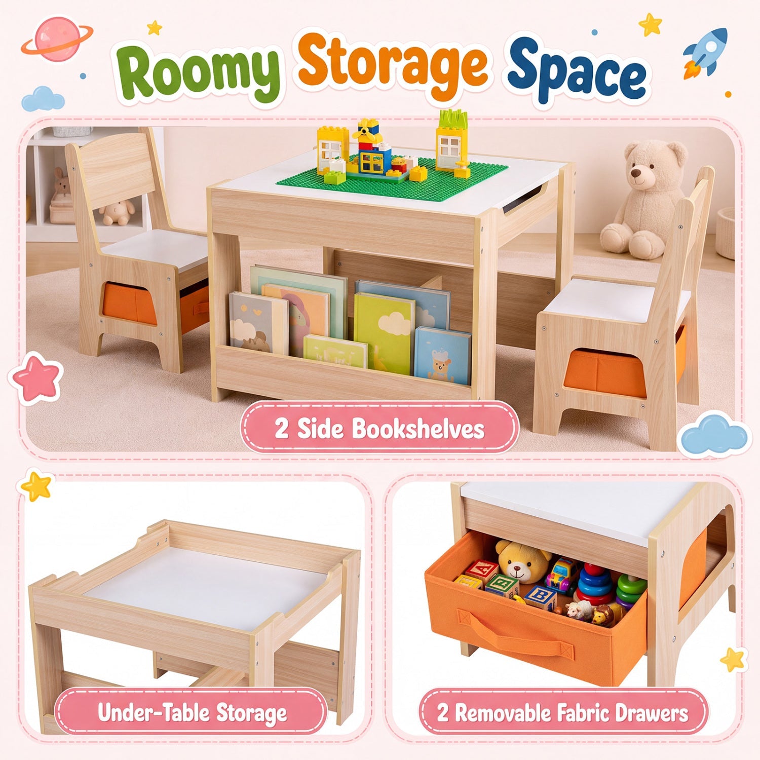 Kids Table and Chair Set with Building Blocks & Storage, natural wood, 2 chairs on Tampa Home & Garden Store
