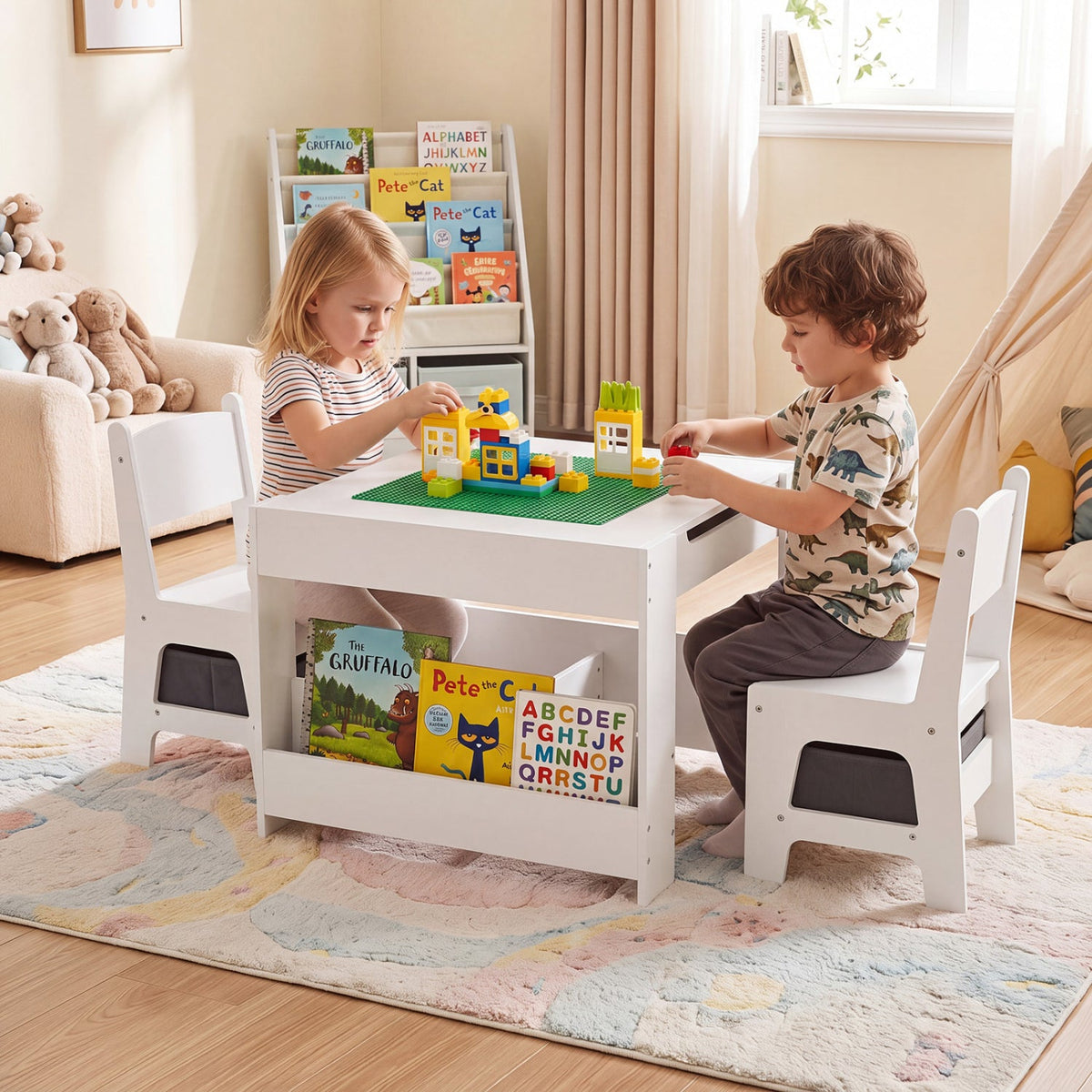 DirectDeals Kids table and chair set with building blocks and storage, white finish on Tampa Home & Garden Store