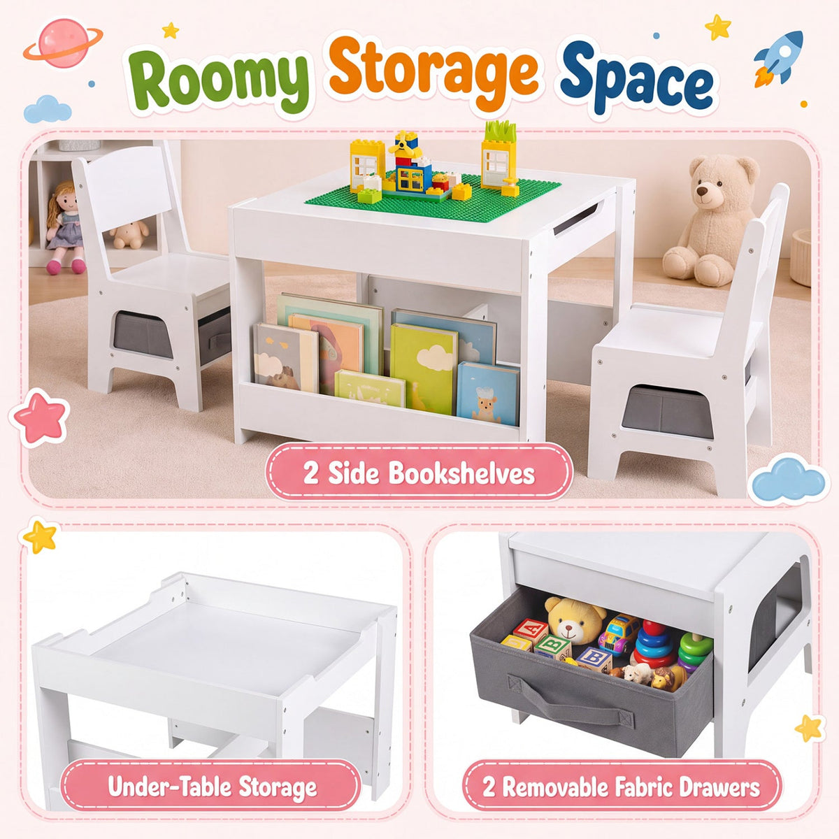 Kids Table and Chair Set with Building Blocks & Storage by DirectDeals, white wood, 2 chairs on Tampa Home & Garden Store