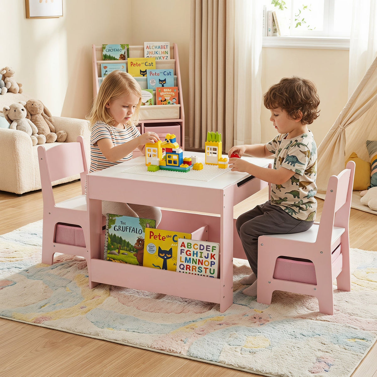 Kids Table & Chair Set in pink with white top, storage cubby, and building blocks by DirectDeals on Tampa Home & Garden Store
