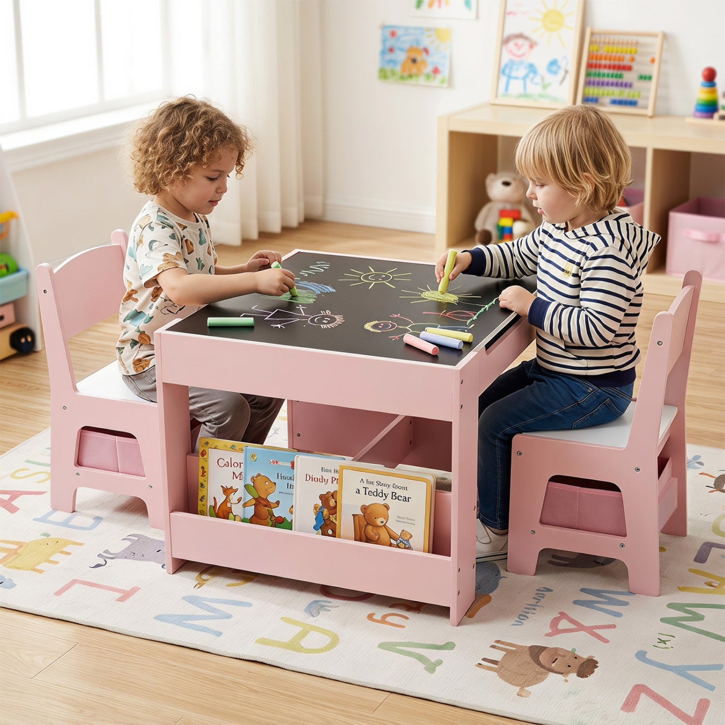 Kids Table & Chair Set by DirectDeals in pink with chalkboard tabletop and storage shelf on Tampa Home & Garden Store