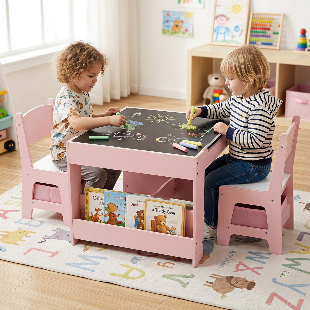 Kids Table & Chair Set by DirectDeals in pink with chalkboard tabletop and storage shelf on Tampa Home & Garden Store
