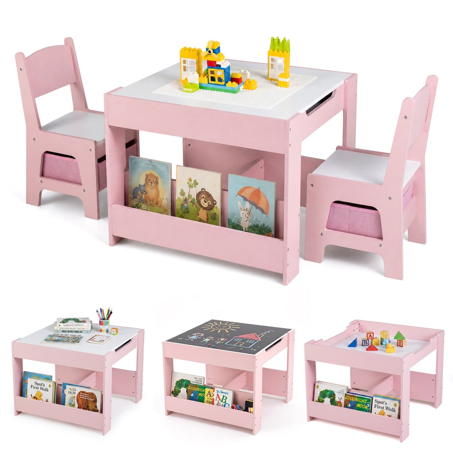 Kids Table and Chair Set pink wood with storage and building blocks on top by DirectDeals on Tampa Home & Garden Store