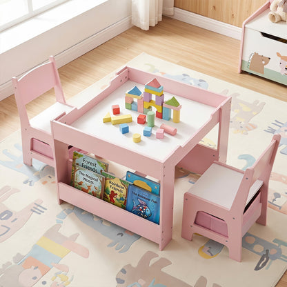 Pink kids table and chair set with storage and colorful building blocks on top on Tampa Home & Garden Store