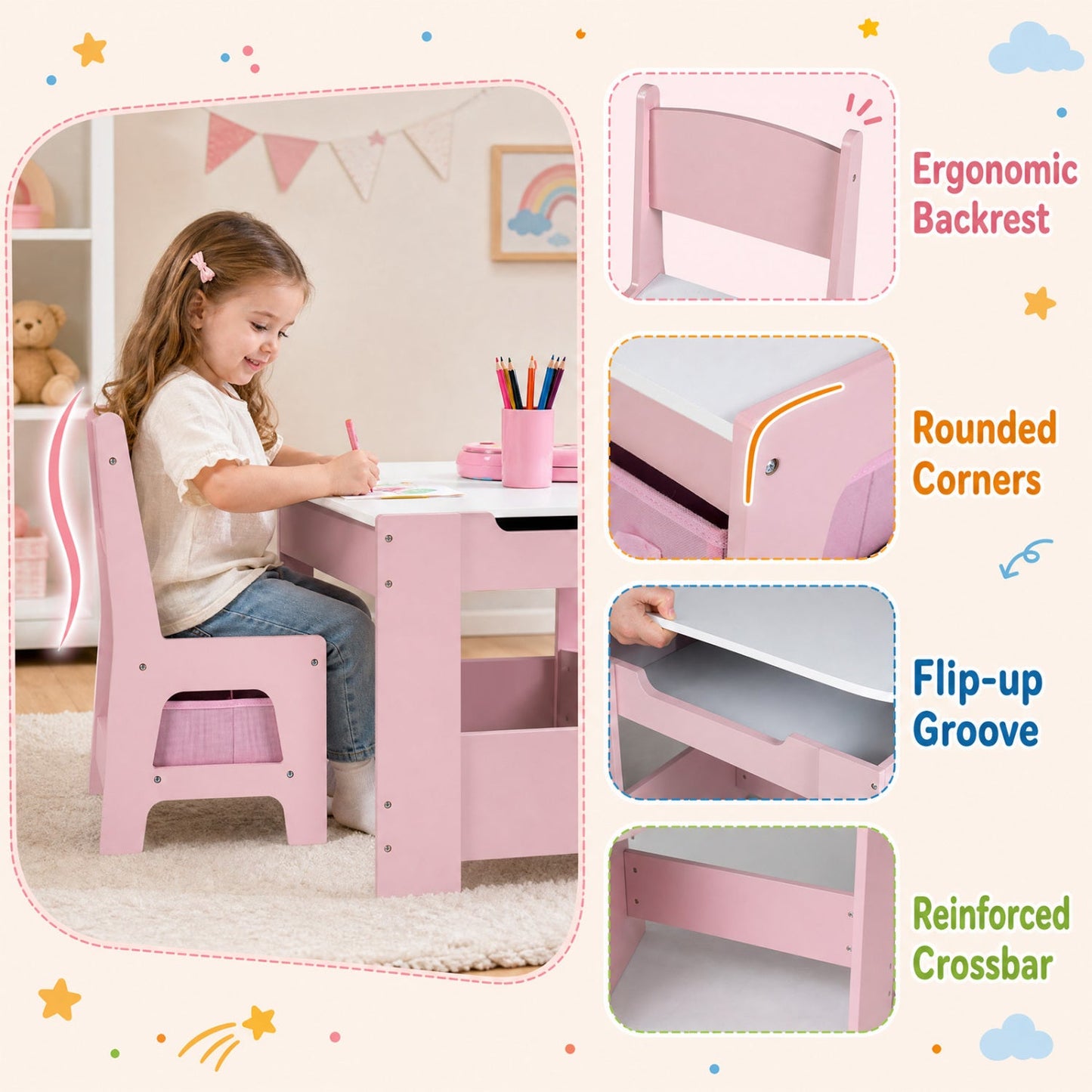 Pink Kids Table and Chair Set with Building Blocks & Storage by DirectDeals, ergonomic backrest on Tampa Home & Garden Store