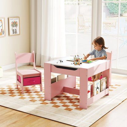 Kids activity table and 2 pink chairs set with reversible tabletop and storage shelves on Tampa Home & Garden Store