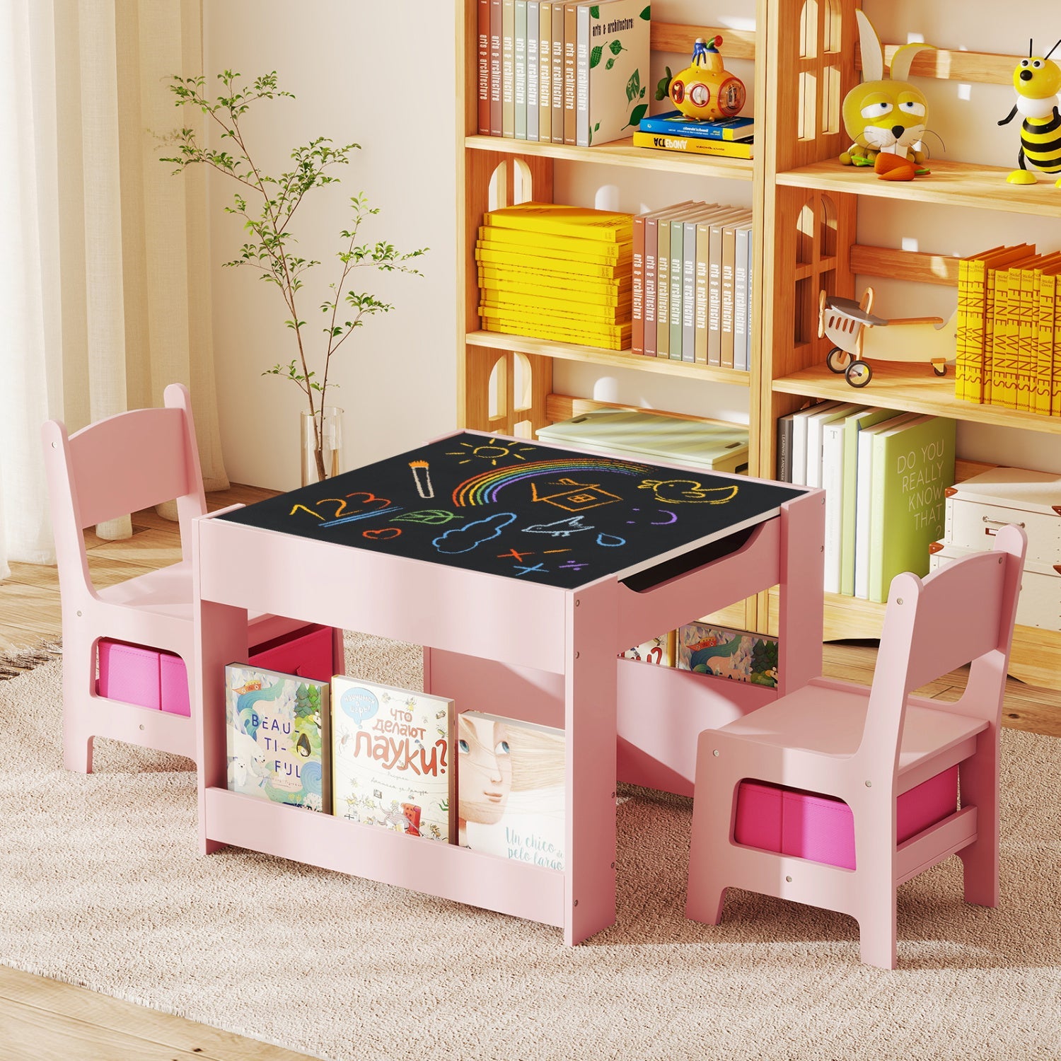 Kids Activity Table and 2 Chairs Set with Reversible Tabletop, pink finish, chalkboard surface on Tampa Home & Garden Store