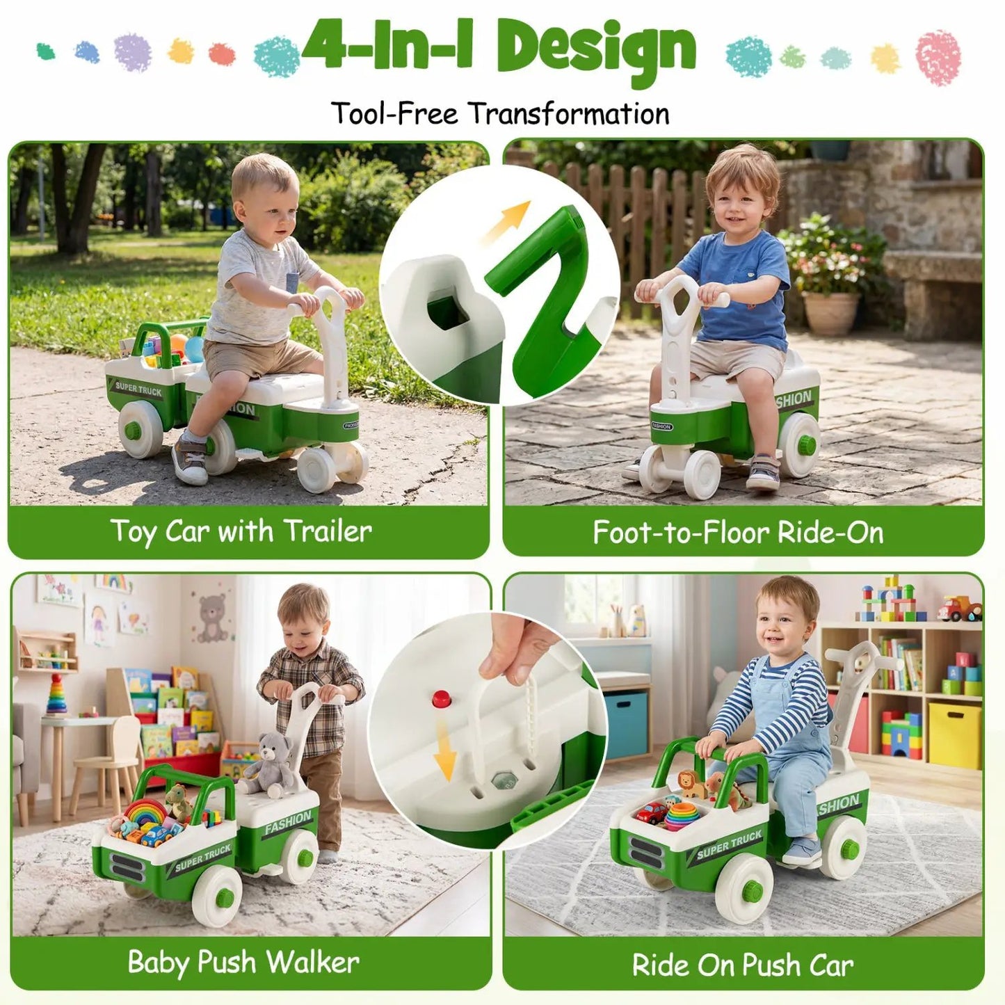 4 in 1 Ride on Push Car with Music and Storage