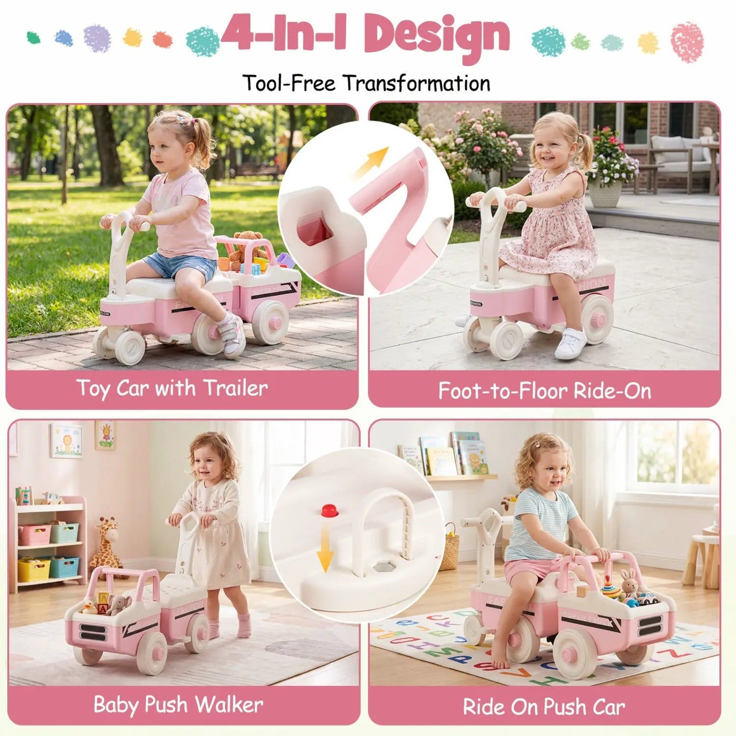4 in 1 Ride on Push Car with Music and Storage