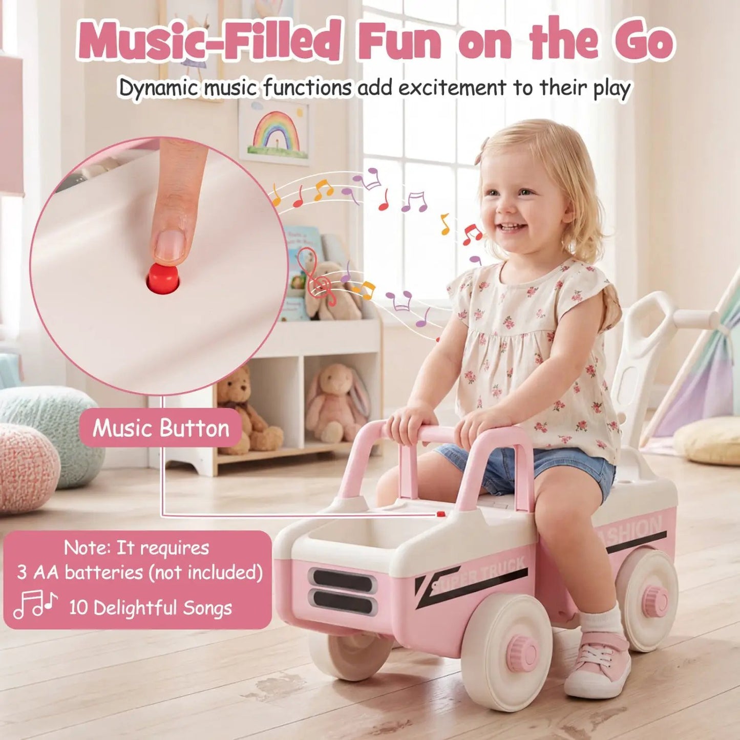 4 in 1 Ride on Push Car with Music and Storage