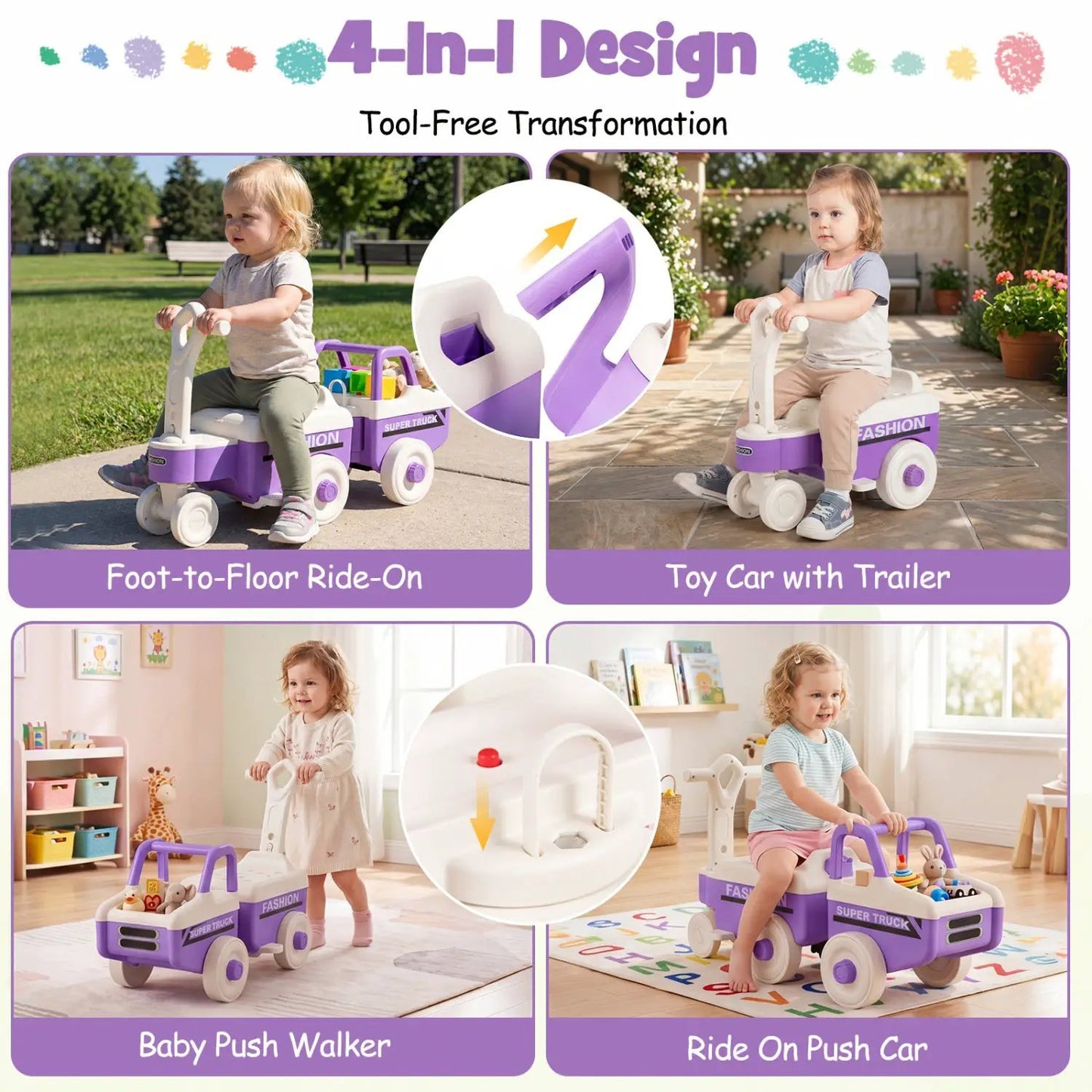 4 in 1 Ride on Push Car with Music and Storage