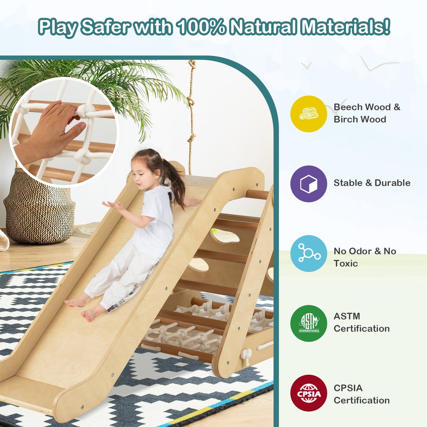 4 in 1 Triangle Climber Toy with Sliding Board and Climbing Net-Multicolor