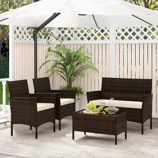 4 Piece Patio Rattan Conversation Set with Cozy Seat Cushions-Beige - Tampa Home & Garden Store