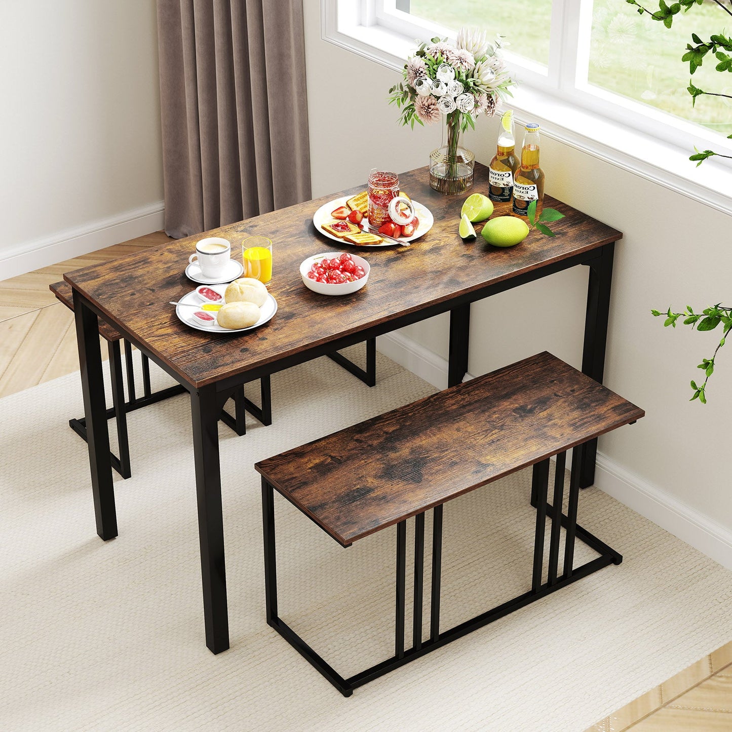 Juego de comedor industrial de 4 piezas con banco y 2 taburetes - Marrón