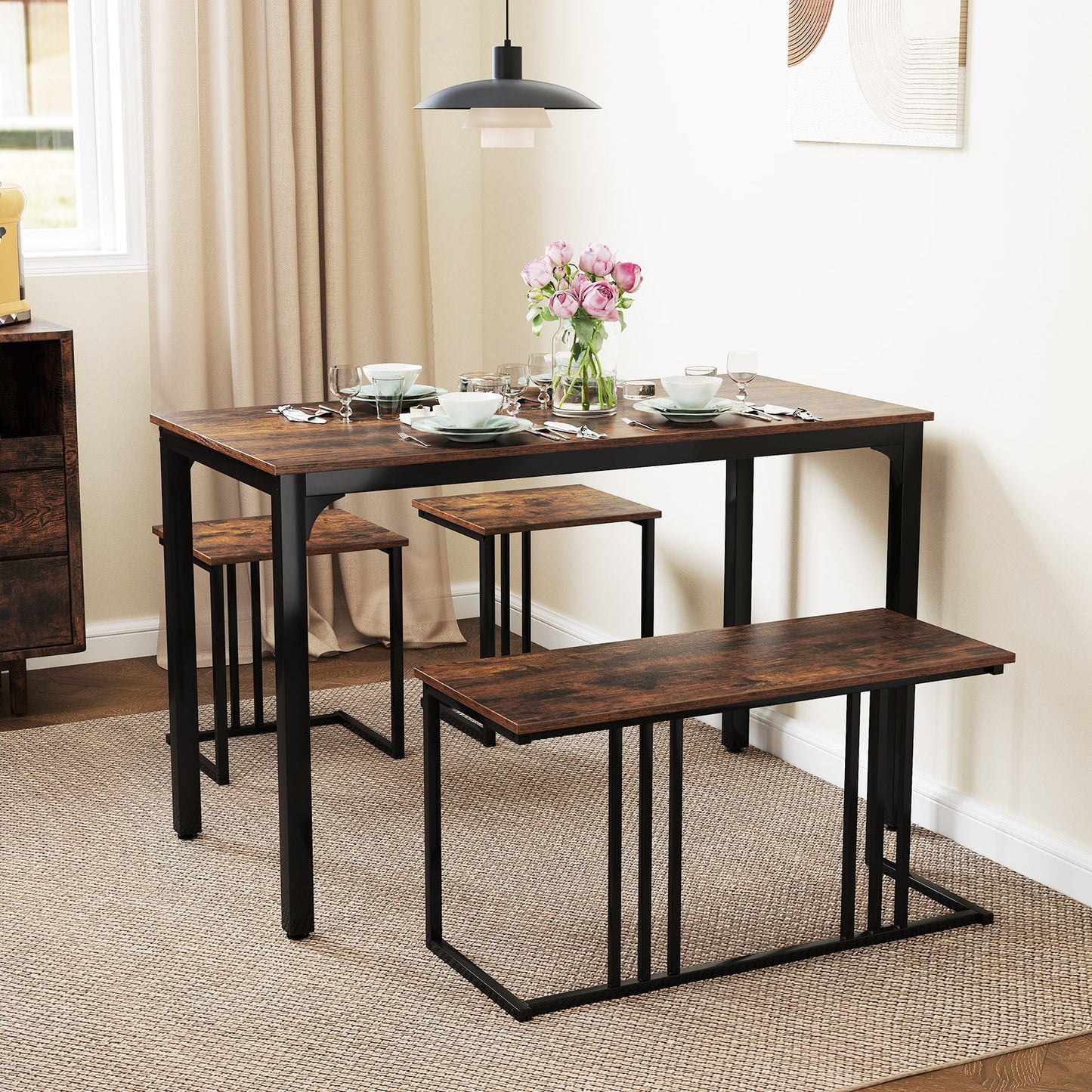 Juego de comedor industrial de 4 piezas con banco y 2 taburetes - Marrón