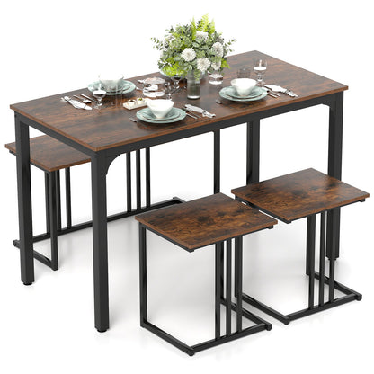 Juego de comedor industrial de 4 piezas con banco y 2 taburetes - Marrón