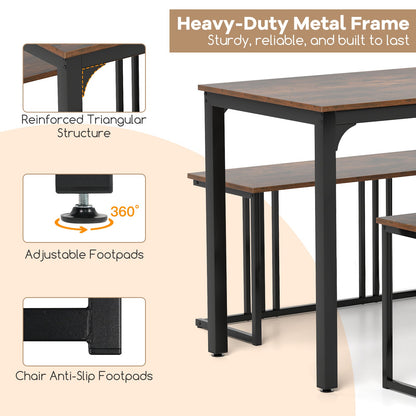 Juego de comedor industrial de 4 piezas con banco y 2 taburetes - Marrón