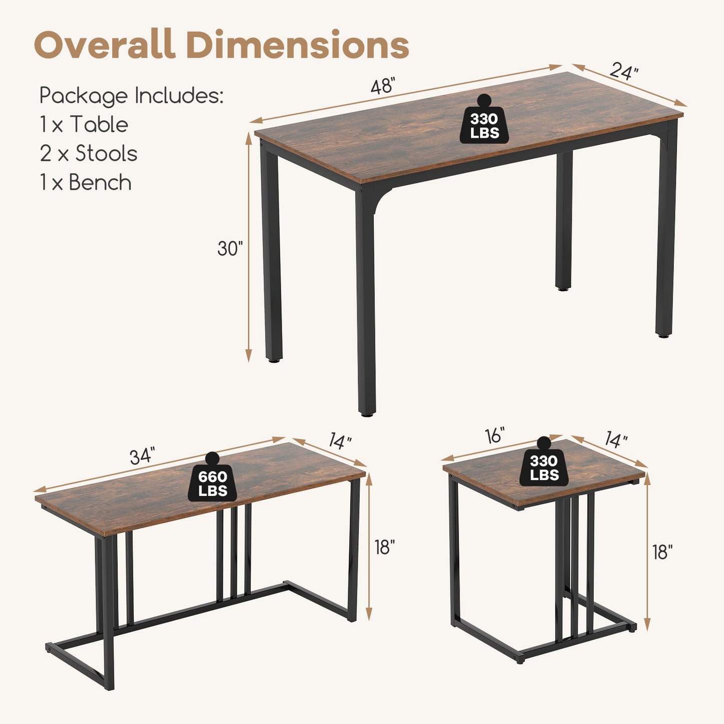 Juego de comedor industrial de 4 piezas con banco y 2 taburetes - Marrón
