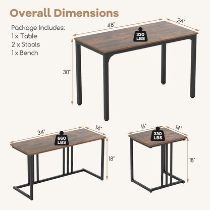 Juego de comedor industrial de 4 piezas con banco y 2 taburetes - Marrón