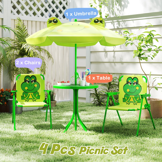 4 Pieces Kids Picnic Set with 2 Folding Chairs and Height Adjustable Umbrella - Tampa Home & Garden Store