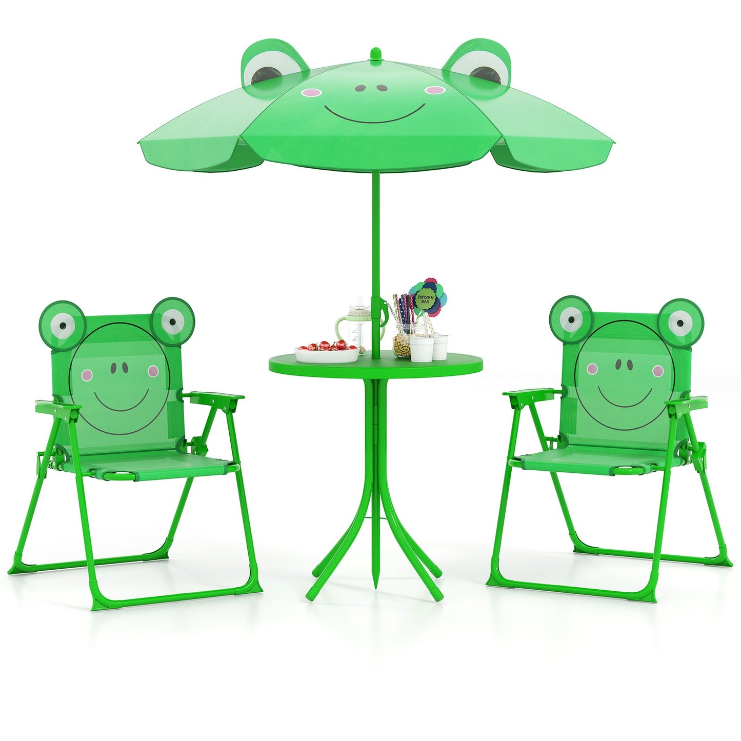 4 Pieces Kids Picnic Set with 2 Folding Chairs and Height Adjustable Umbrella