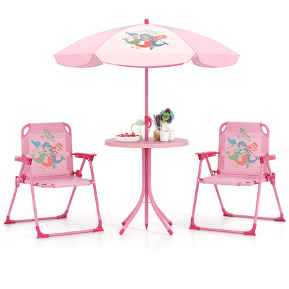 4 Pieces Kids Picnic Set with 2 Folding Chairs and Height Adjustable Umbrella