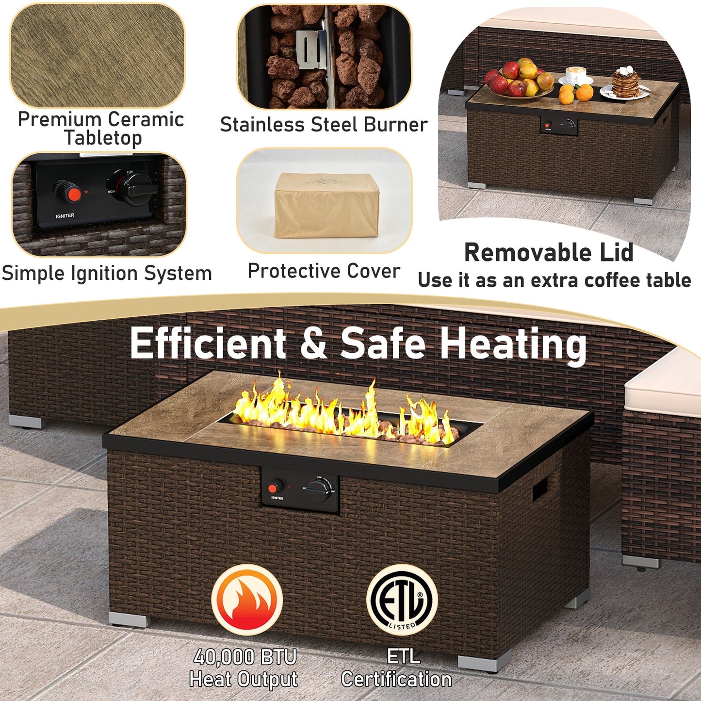Juego de muebles de exterior de 4 piezas con mesa de brasero de 32 pulgadas y cubierta para tanque de propano