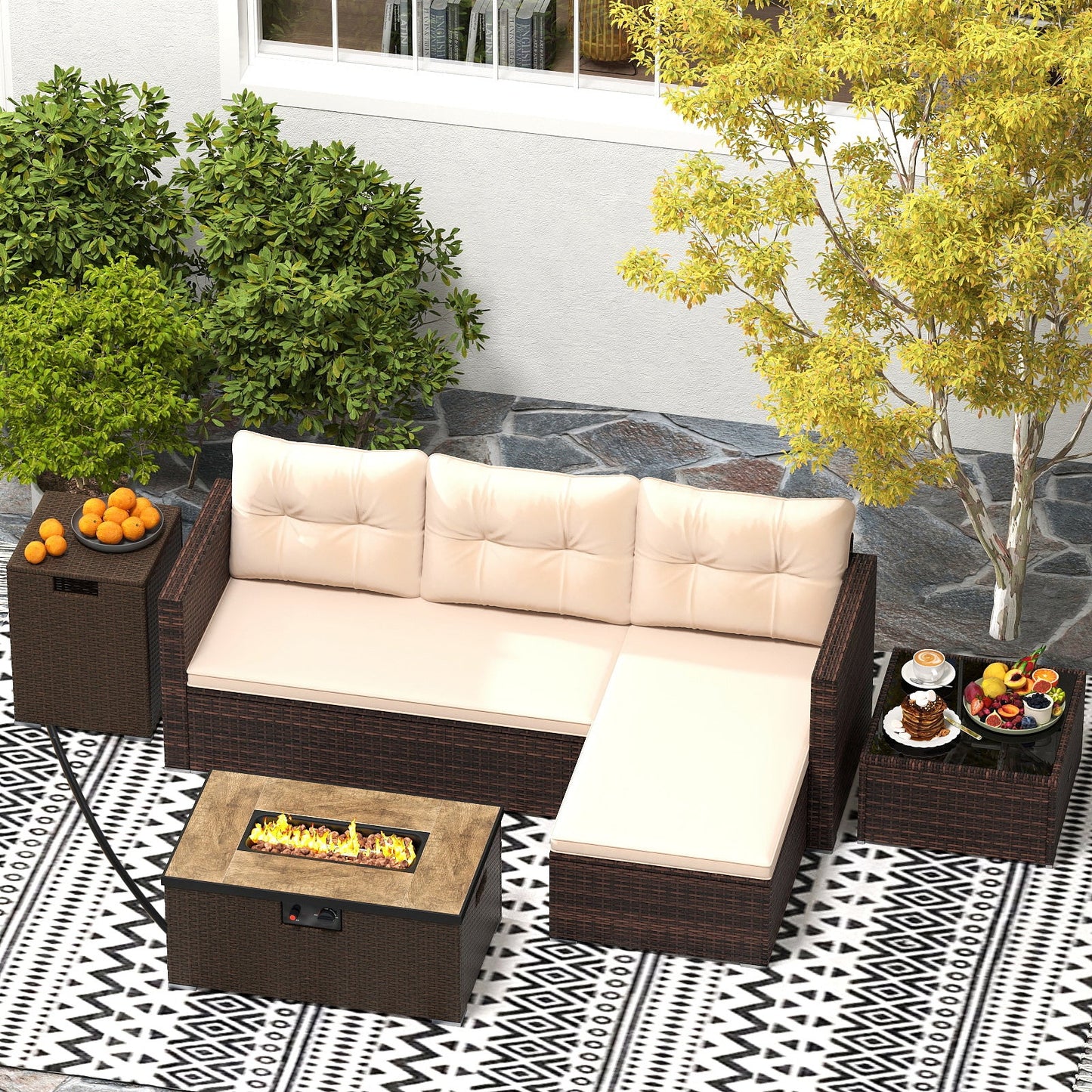 Juego de muebles de exterior de 4 piezas con mesa de brasero de 32 pulgadas y cubierta para tanque de propano