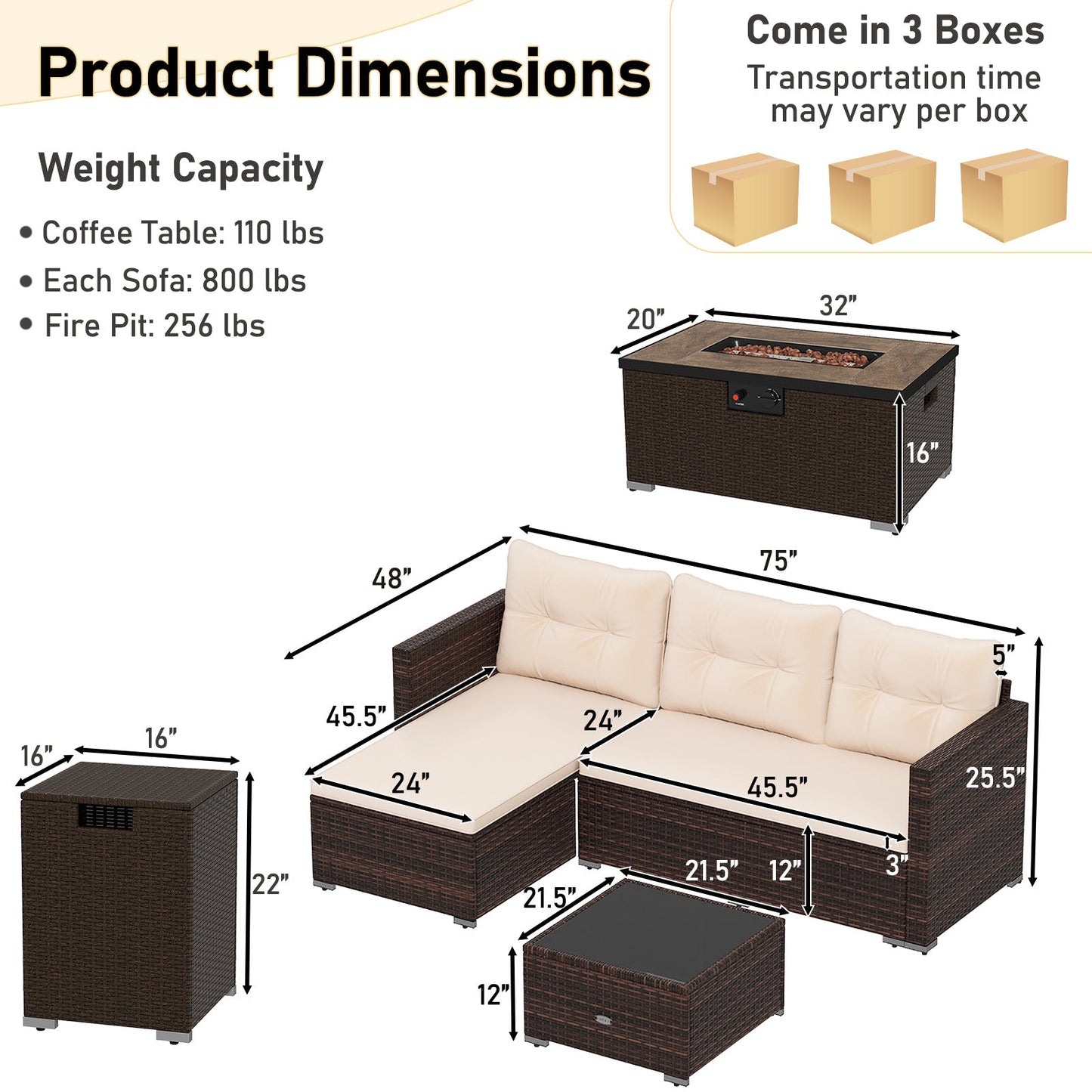 Juego de muebles de exterior de 4 piezas con mesa de brasero de 32 pulgadas y cubierta para tanque de propano