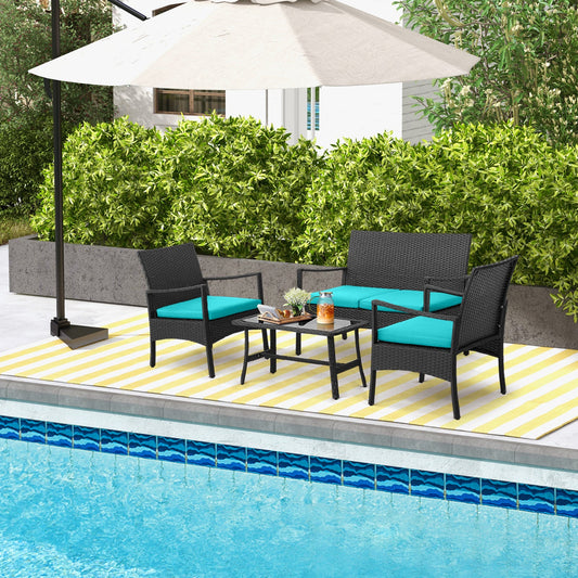 4 Pieces Rattan Conversation Set with Tempered Glass Coffee Table-Turquoise - Tampa Home & Garden Store