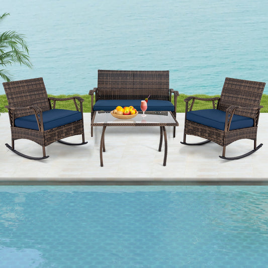 4 Pieces Wicker Rocking Set with Bungee Rope Seat for Porch Yard-Navy - Tampa Home & Garden Store