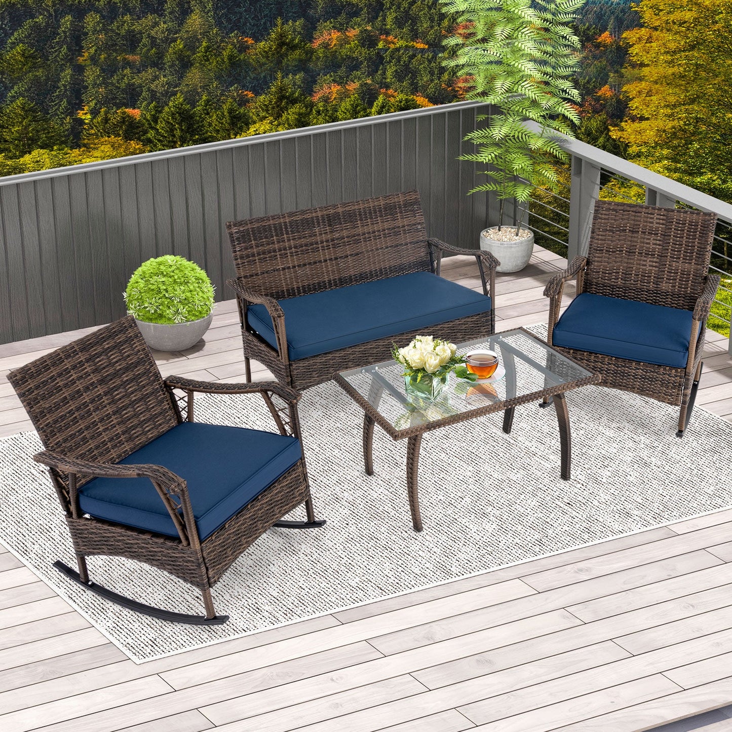 4 Pieces Wicker Rocking Set with Bungee Rope Seat for Porch Yard-Navy