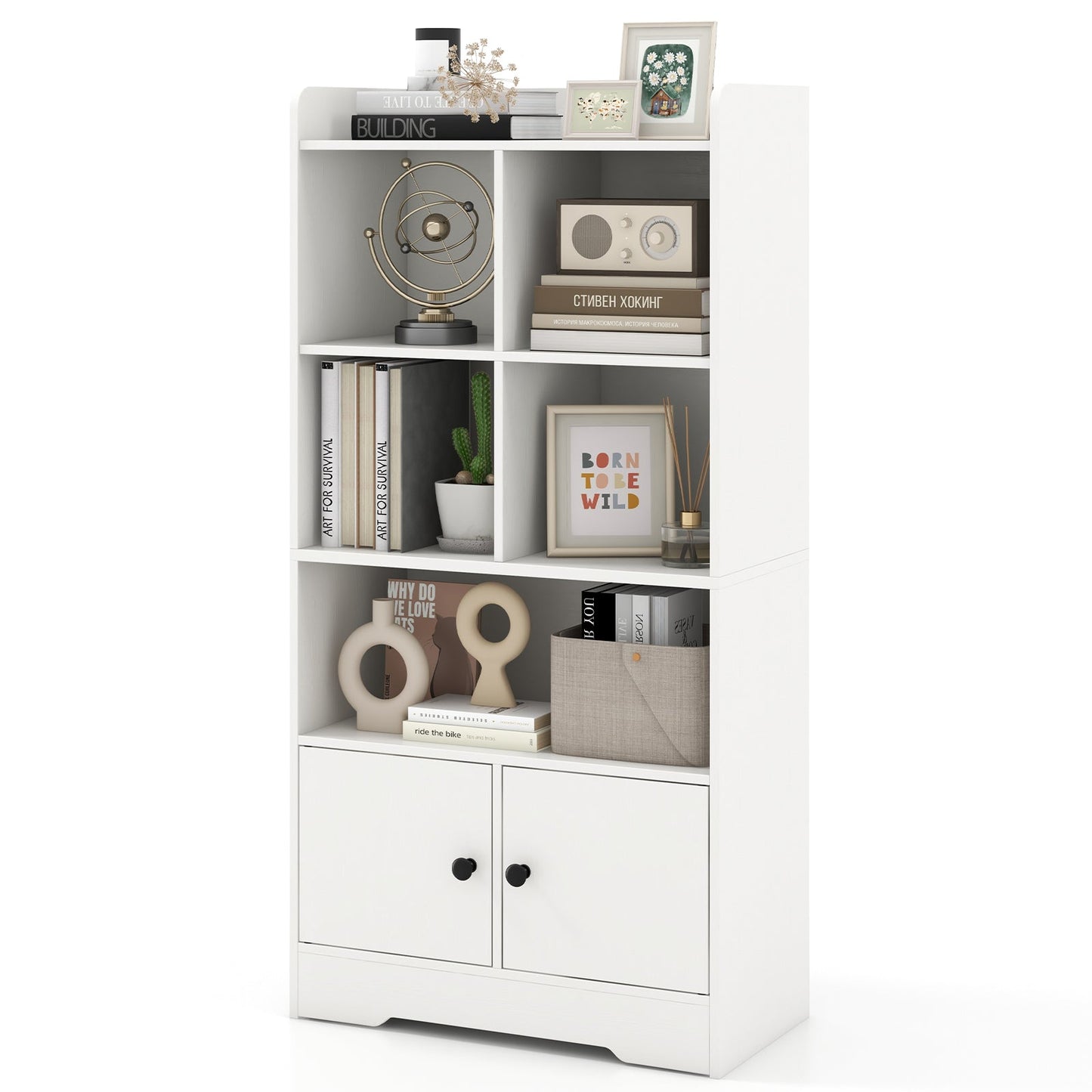 4 Tiers Bookshelf with 4 Cubes Display Shelf and 2 Doors