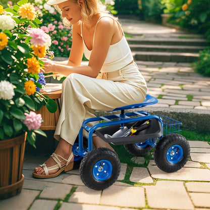 Asiento de trabajo con carrito de jardín con ruedas de 4 ruedas - Azul