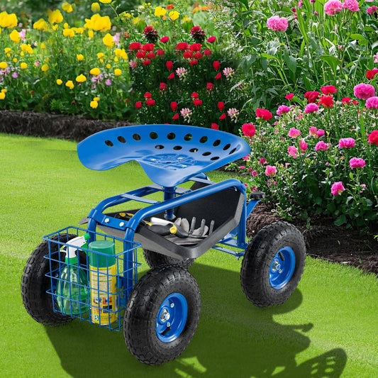 Asiento de trabajo con carrito de jardín con ruedas de 4 ruedas - Azul