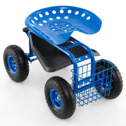 Asiento de trabajo con carrito de jardín con ruedas de 4 ruedas - Azul