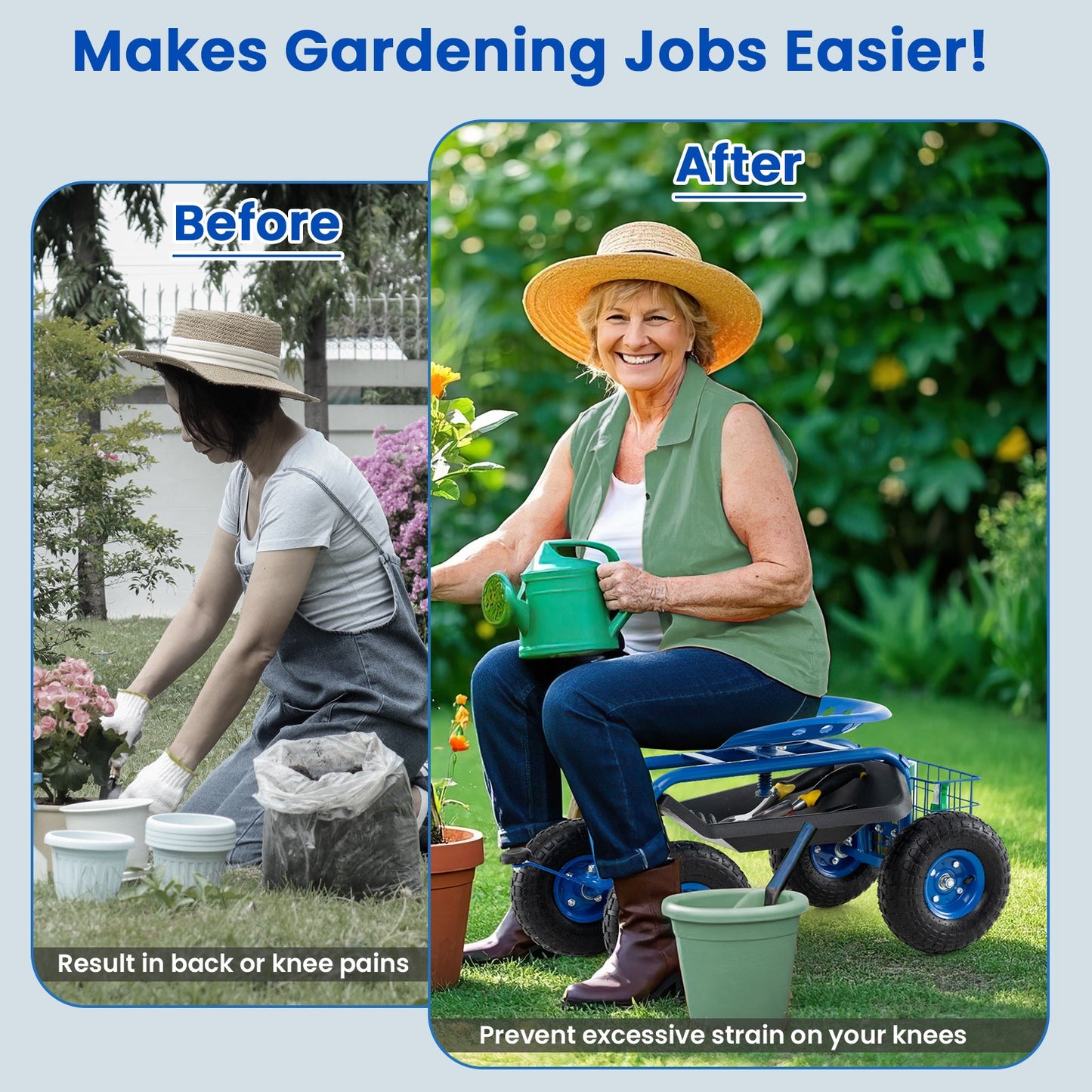 Asiento de trabajo con carrito de jardín con ruedas de 4 ruedas - Azul