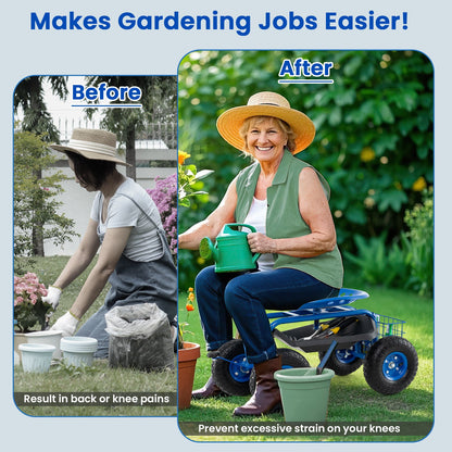 Asiento de trabajo con carrito de jardín con ruedas de 4 ruedas - Azul