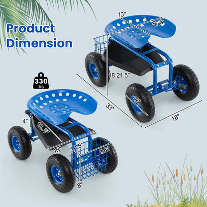 Asiento de trabajo con carrito de jardín con ruedas de 4 ruedas - Azul