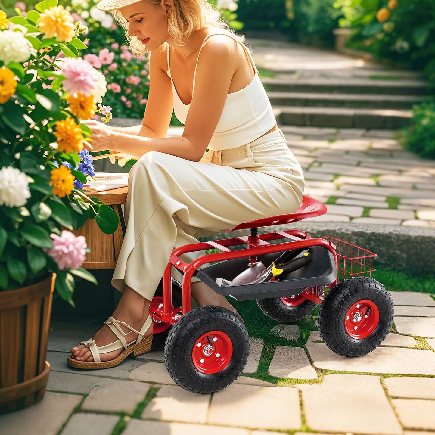 Asiento de trabajo tipo carrito de jardín rodante de 4 ruedas - Rojo
