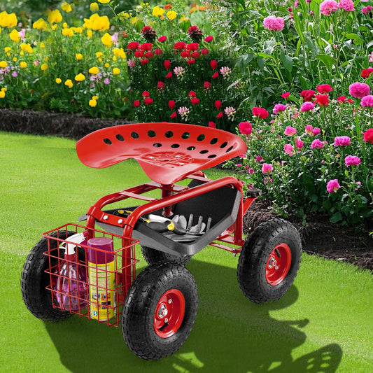 Asiento de trabajo tipo carrito de jardín rodante de 4 ruedas - Rojo