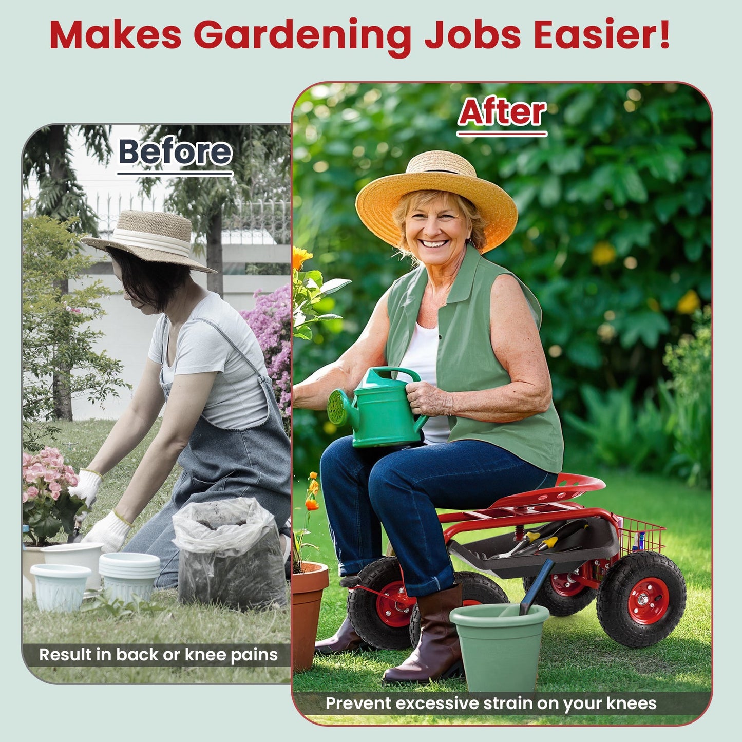 Asiento de trabajo tipo carrito de jardín rodante de 4 ruedas - Rojo