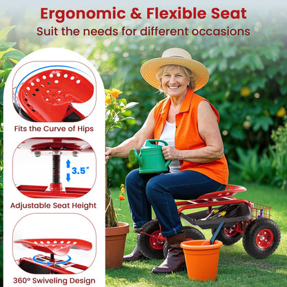 Asiento de trabajo tipo carrito de jardín rodante de 4 ruedas - Rojo