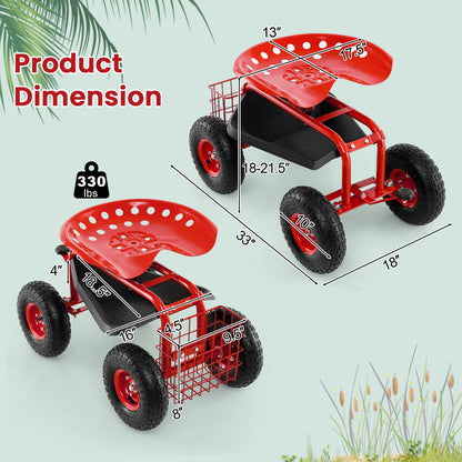 Asiento de trabajo tipo carrito de jardín rodante de 4 ruedas - Rojo